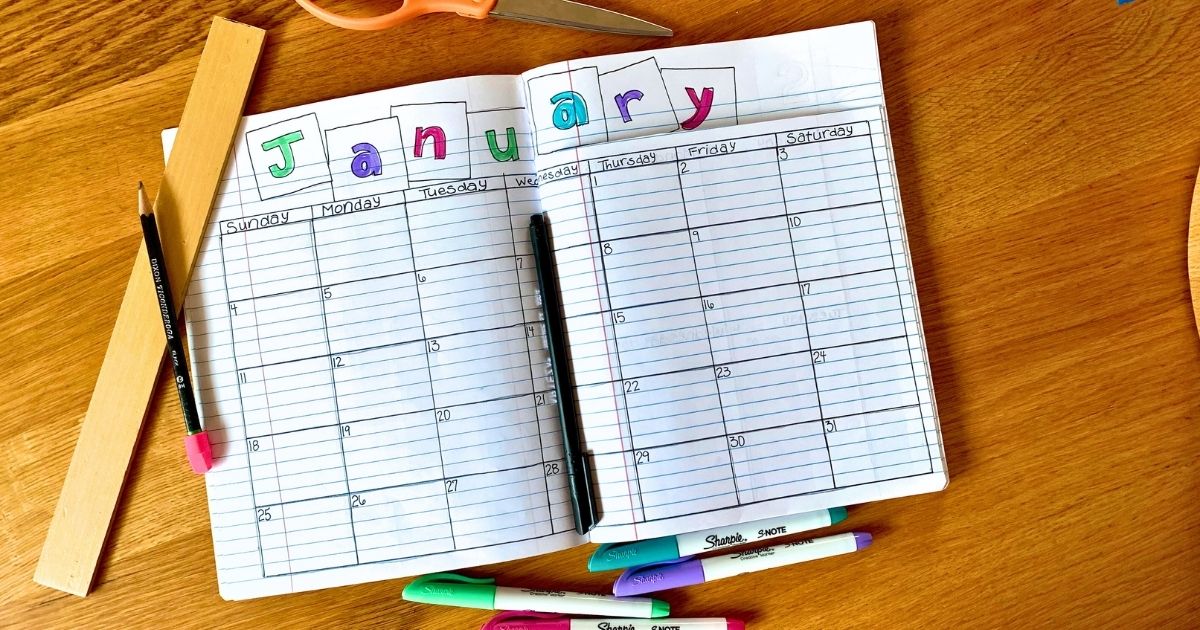 A dutch door planner with January in boxes across the top and a monthly calendar on the bottom.
