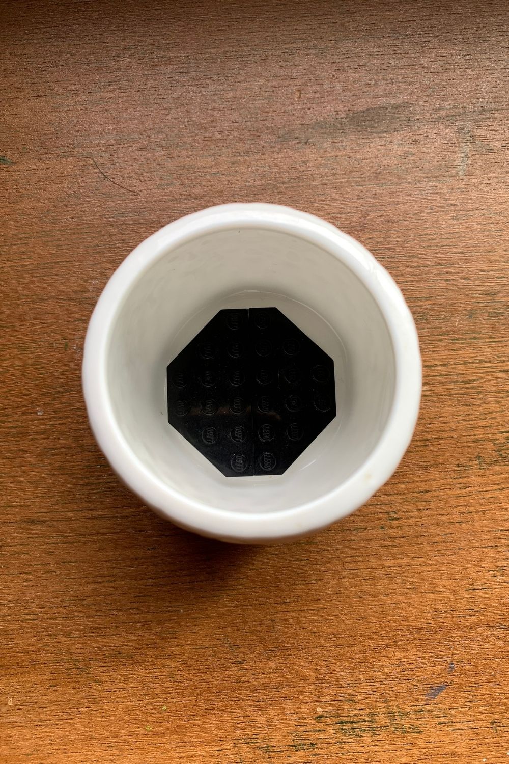 A black 6x6 LEGO piece in the bottom of a flower pot.