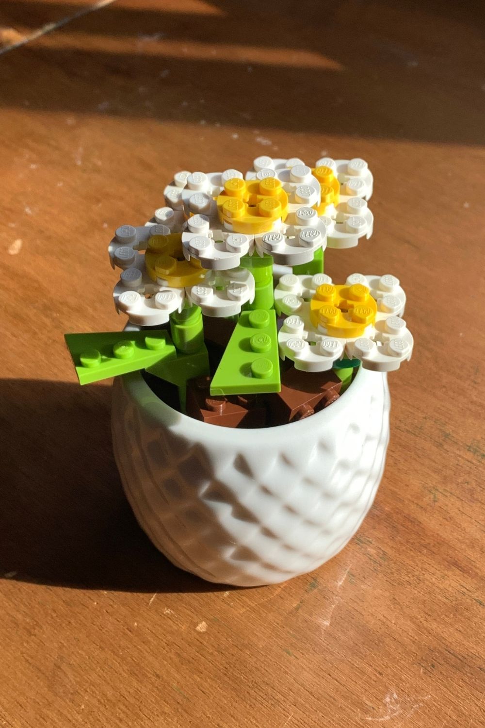 A small flower pot of white LEGO daisies with yellow centers and green leaves. Brown bricks fill the gaps like dirt.