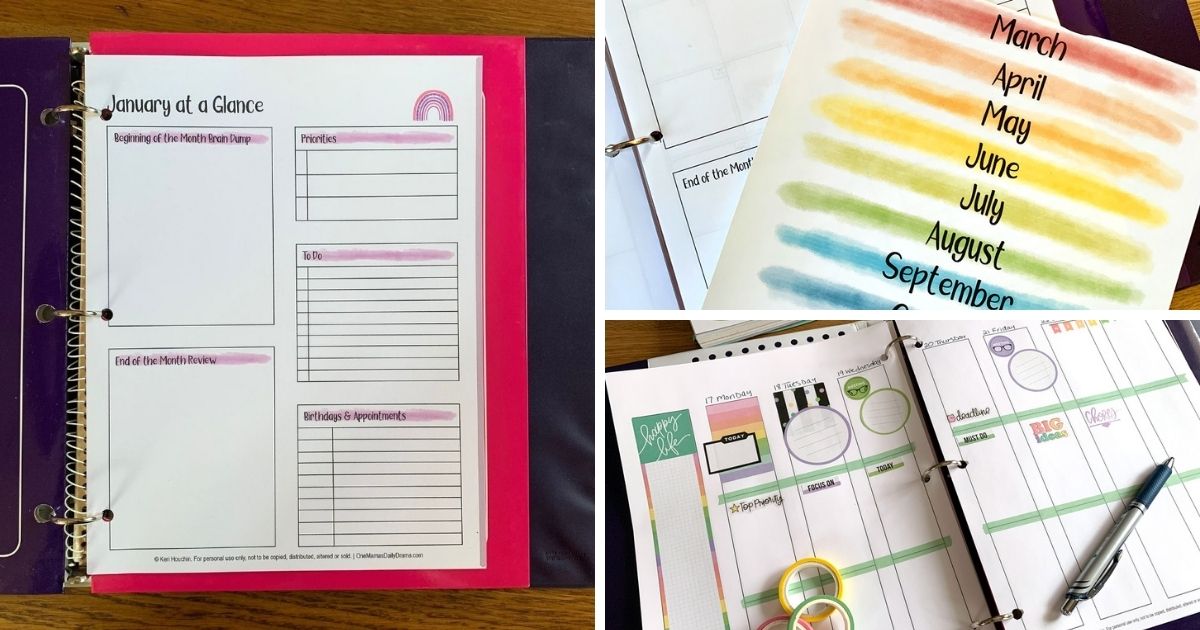 Collage of free planner printables including month name stickers, daily routine, calendars, weekly spread, and month at a glance.