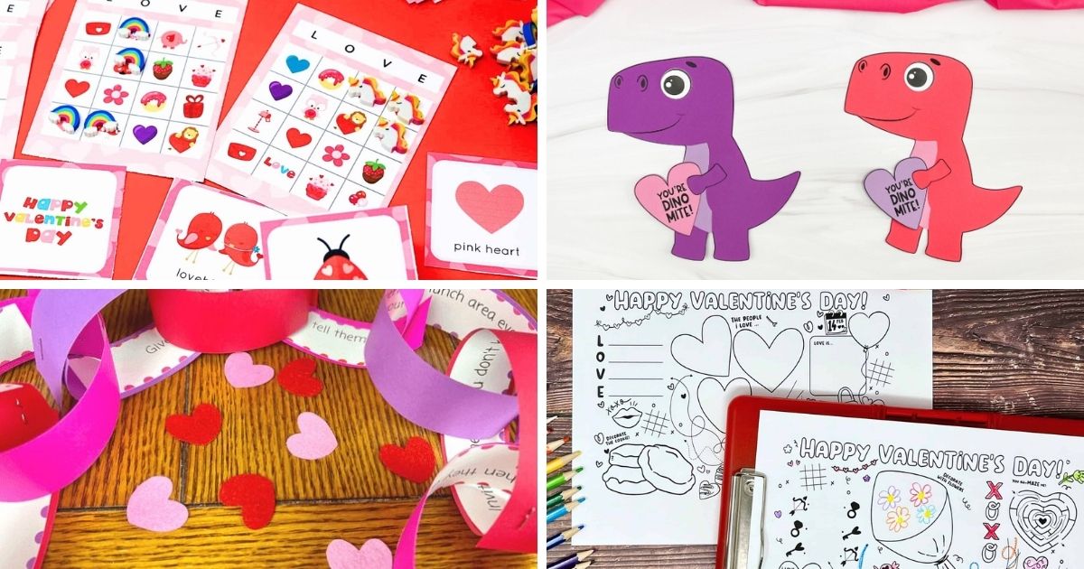 Collage of Valentine's Day printables including bingo cards, a dino craft, paper chains, and an activity sheet.