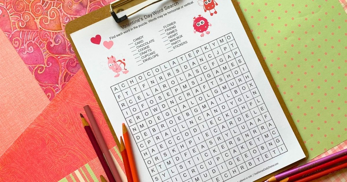 Valentine's Day word search puzzle with a grid of letters and cute valentine monster clipart.