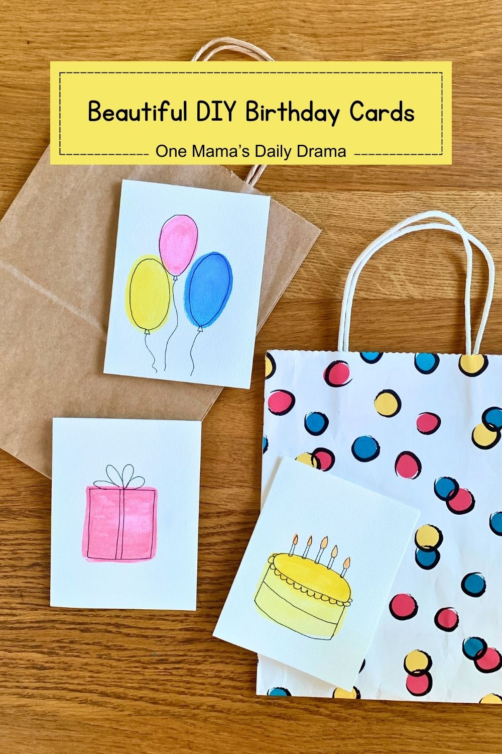 Beautiful DIY birthday cards made from painted watercolor shapes and black pen outlines.