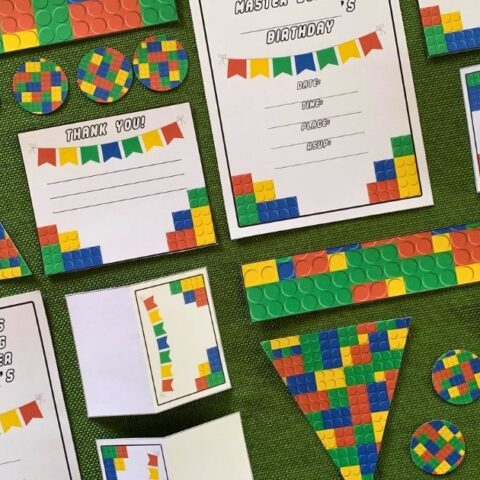 LEGO party printables including invitations, thank you notes, tent cards, circles, water bottle wrappers, and a triangle banner in a brick pattern.