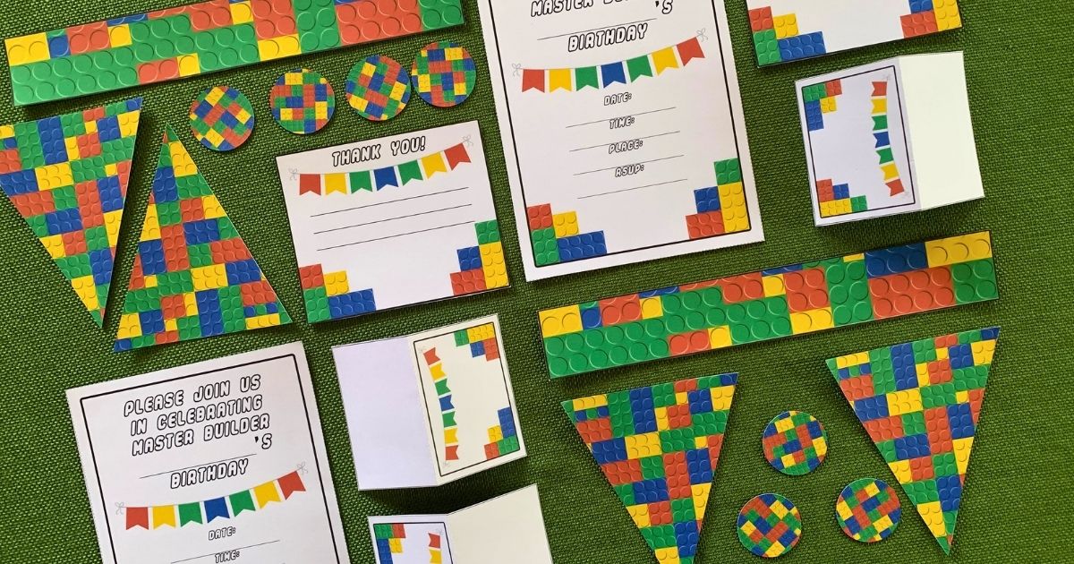 LEGO party printables including invitations, thank you notes, tent cards, circles, water bottle wrappers, and a triangle banner in a brick pattern.