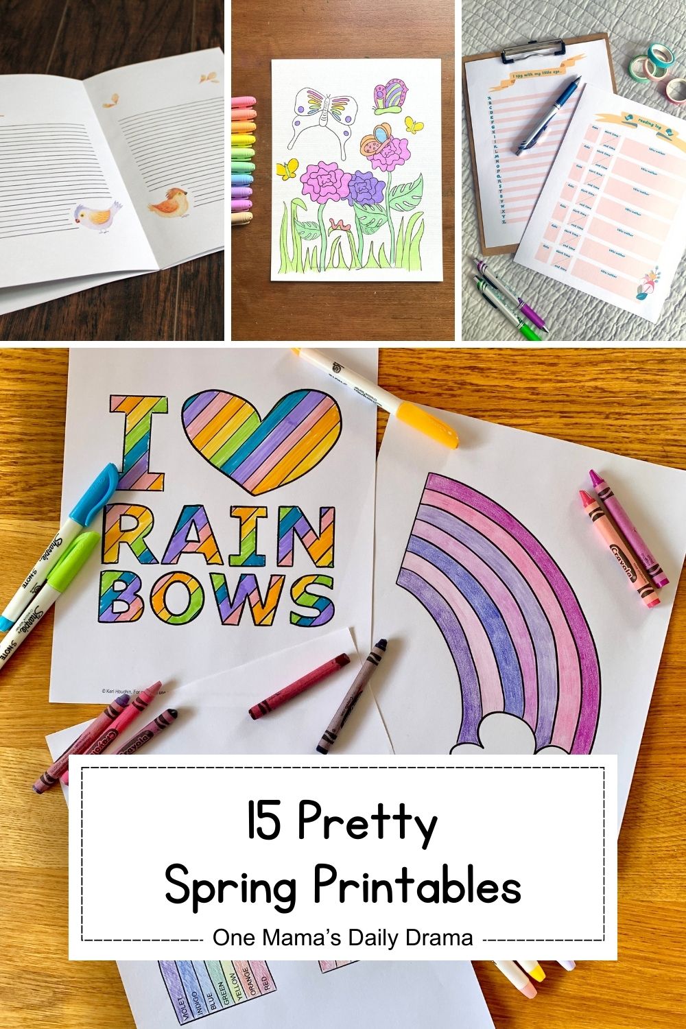 Collage of pretty spring printables including a bird journal, flower coloring page, tween puzzle book, and rainbow coloring pages.