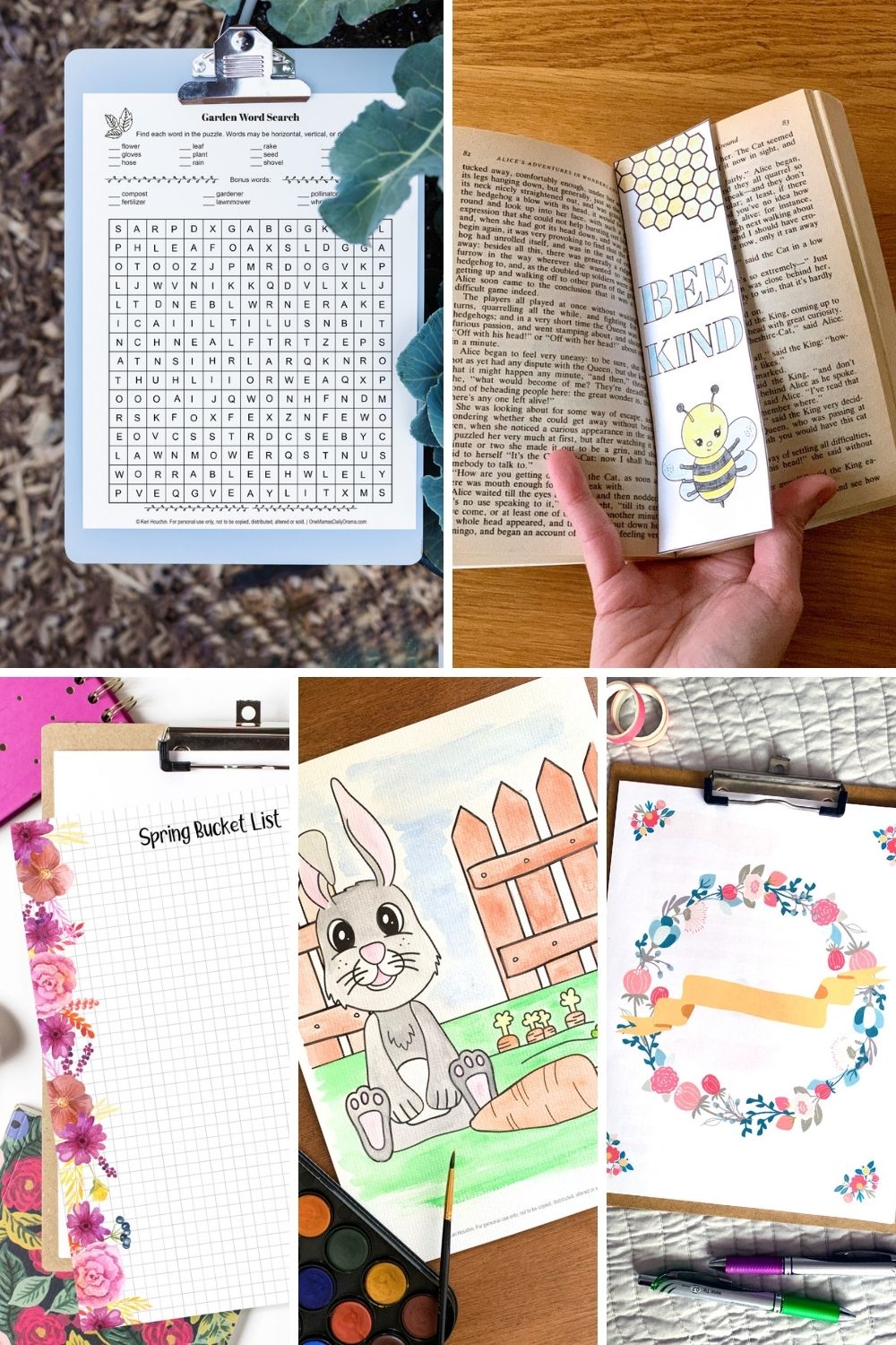 Collage of spring printables including a garden word search, bee bookmark, bucket list, bunny coloring page, and tween journal.
