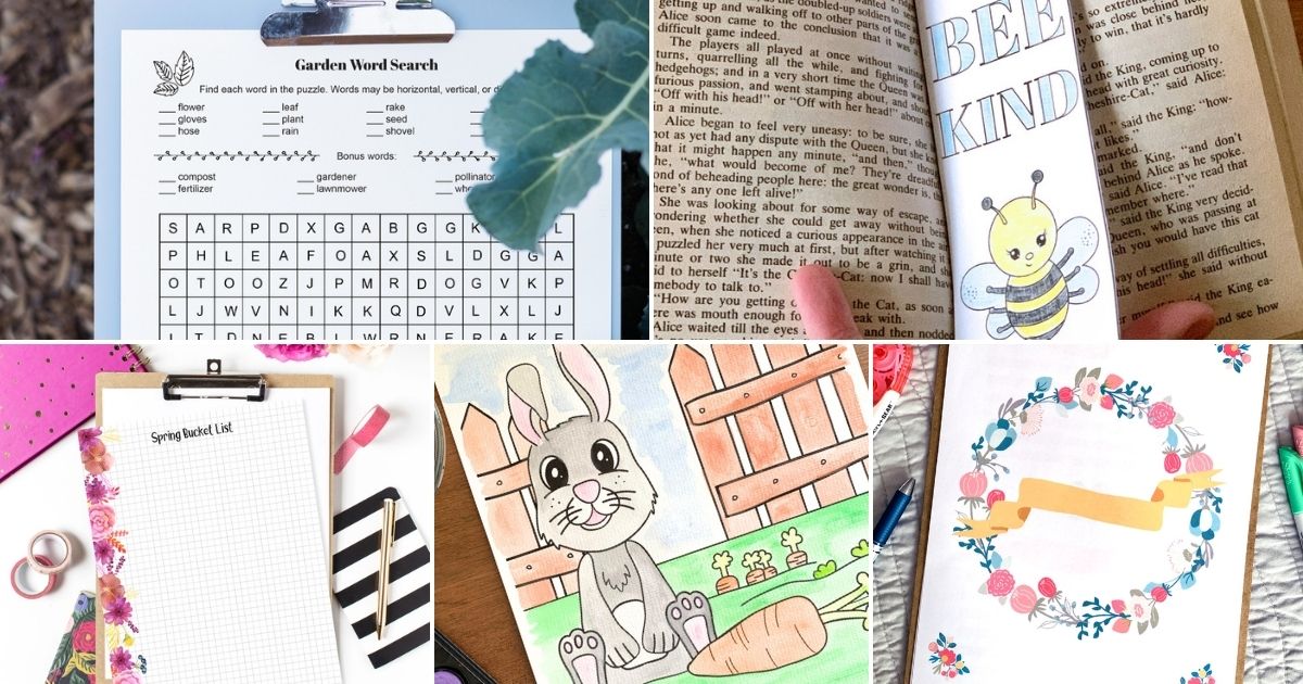 Collage of spring printables including a garden word search, bee bookmark, bucket list, bunny coloring page, and tween journal.