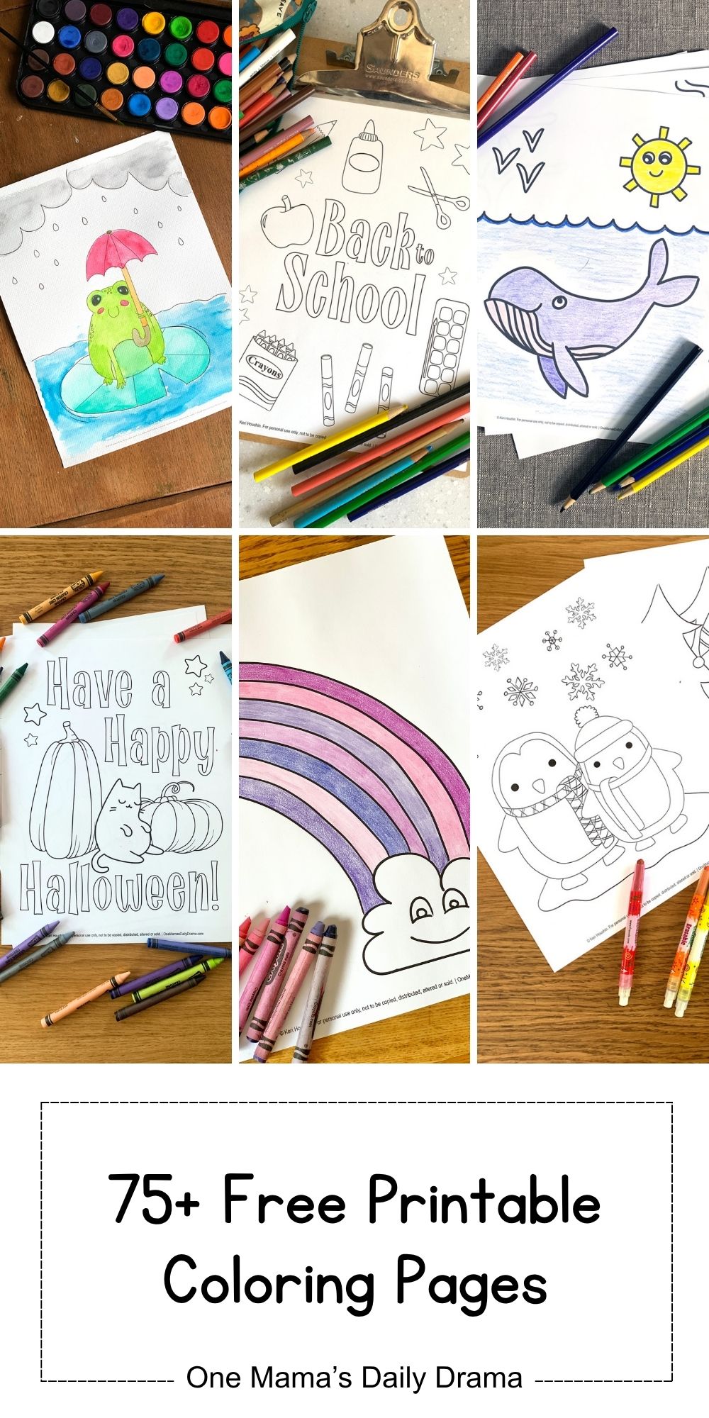 Collage of coloring sheets including a frog, back to school, whale, pumpkin and cat, rainbow, and penguins.
