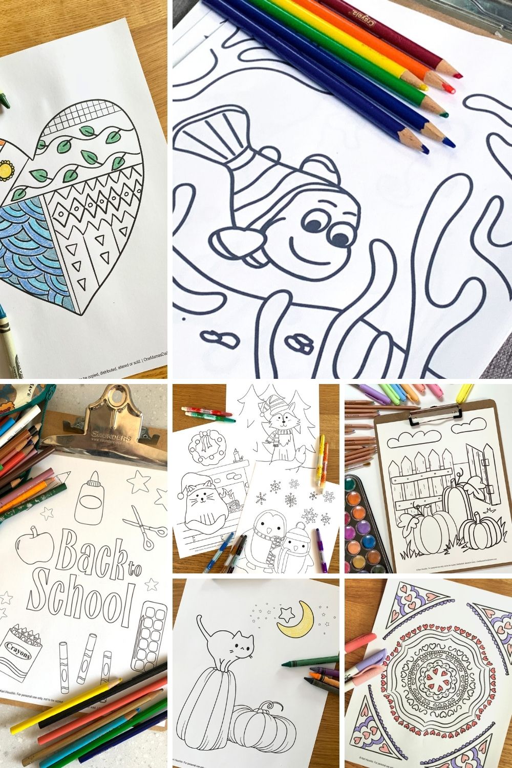Collage of free printable coloring pages including a heart, clownfish, back to school, winter animals, cats, pumpkins, and a mandala.