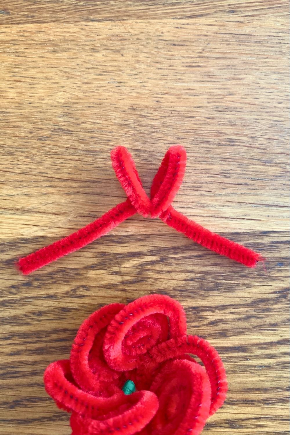 The center of a stem folded into a V.