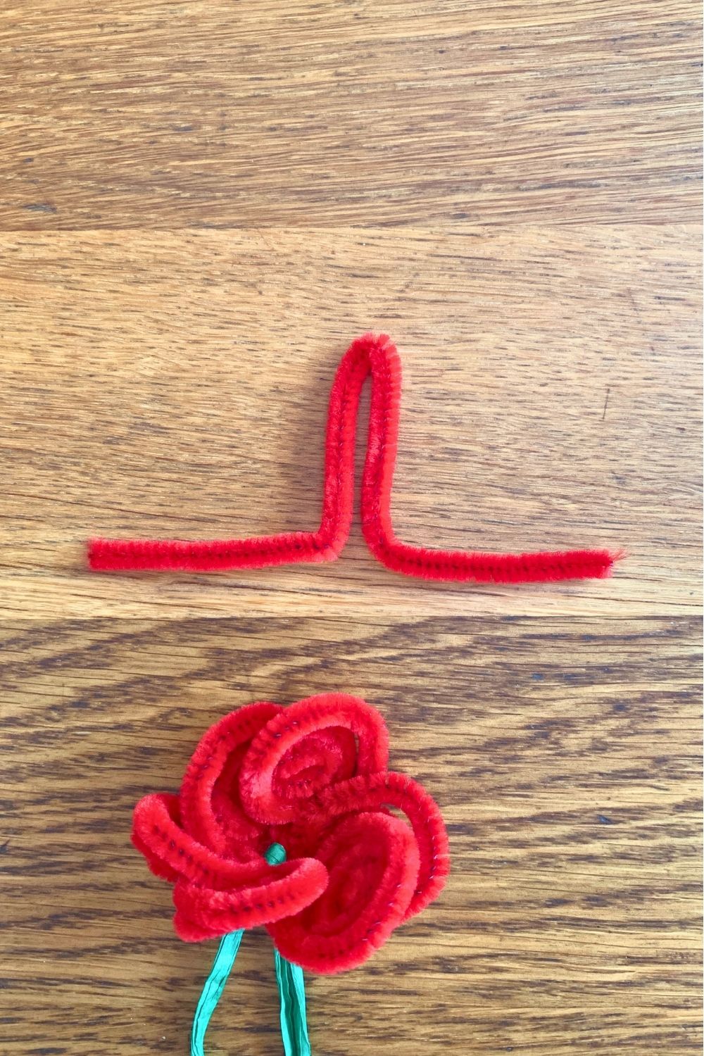 A red stem folded in half and creased twice.