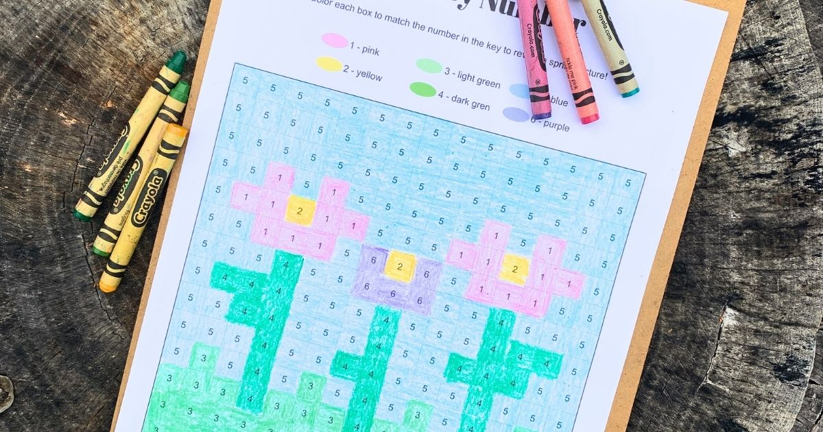 Printable spring color by number with a pixel grid and 3 pink and purple flowers with green leaves.
