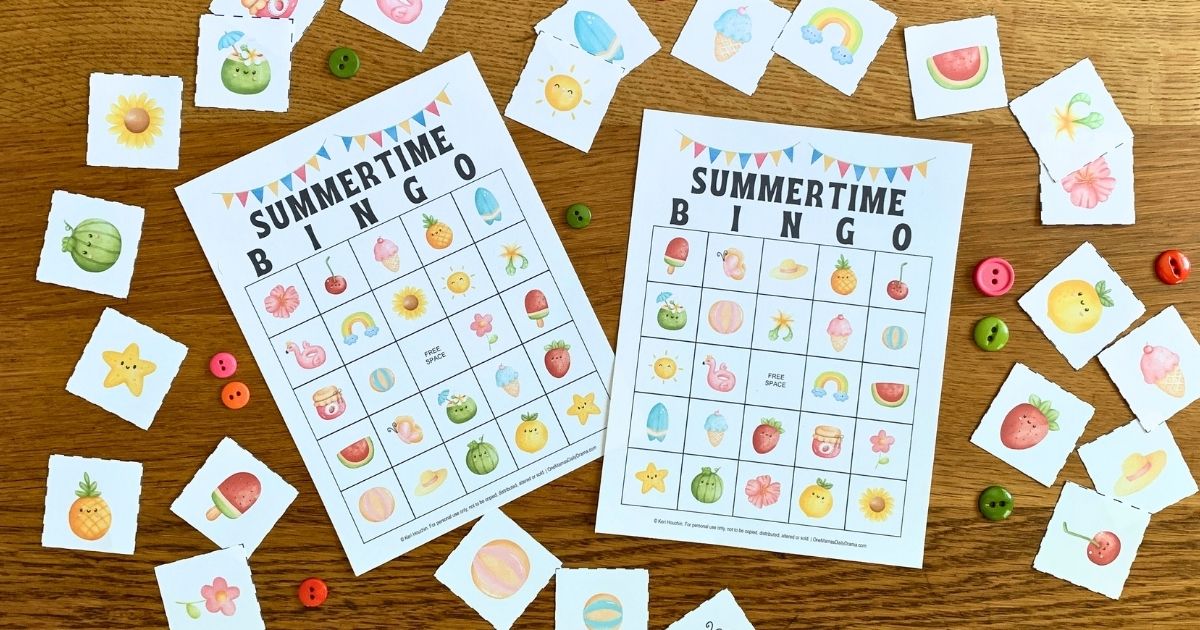 Summer bingo cards surrounded by draw cards with watercolor clipart of fruits, beach items, and seasonal nature.