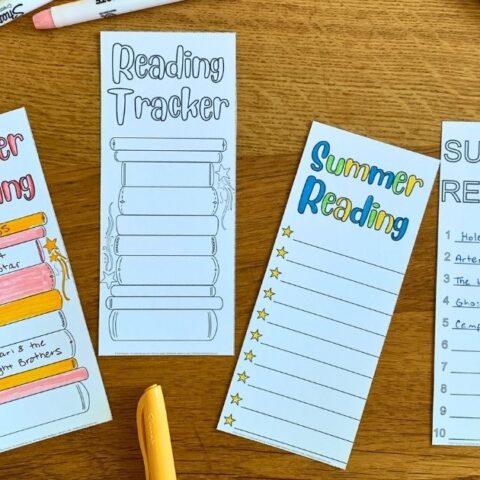 4 printable summer reading bookmarks with boxes, lines, and numbers for tracking what you read.