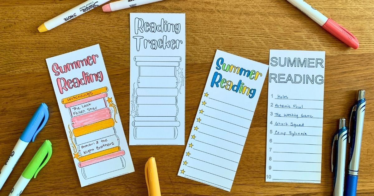 4 printable summer reading bookmarks with boxes, lines, and numbers for tracking what you read.