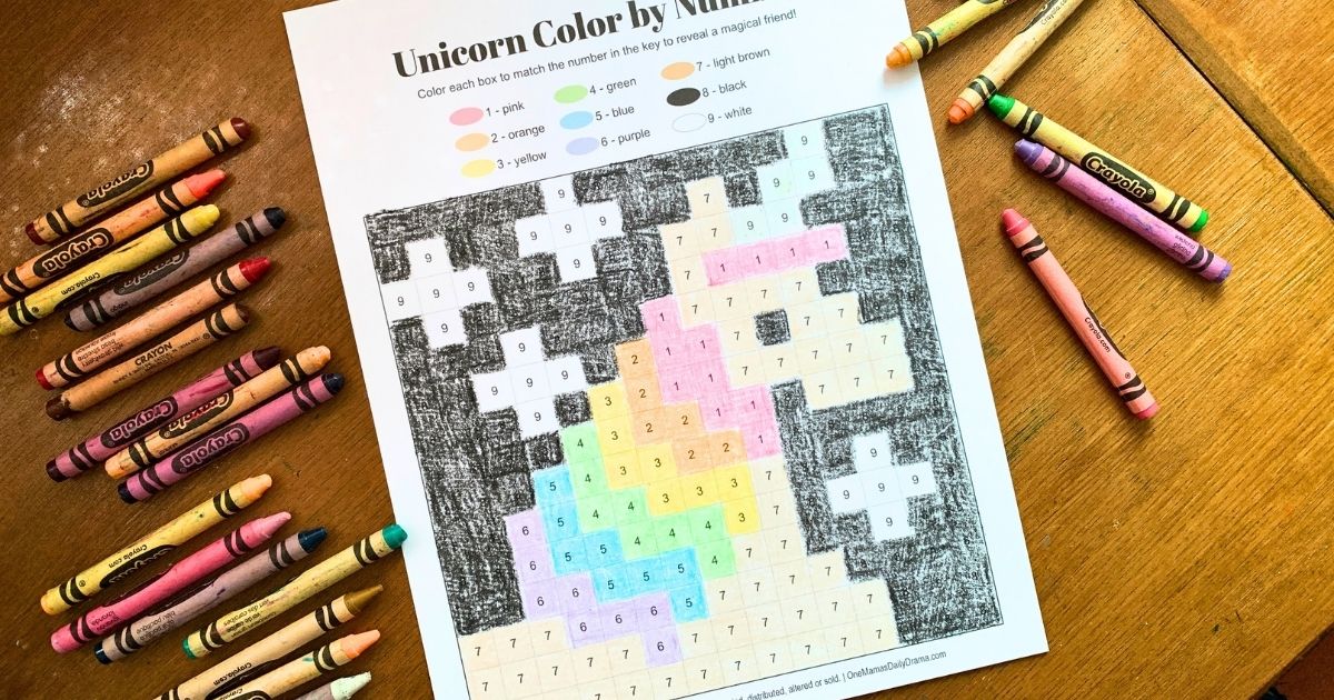 Unicorn color by number with rainbow striped mane and black background.