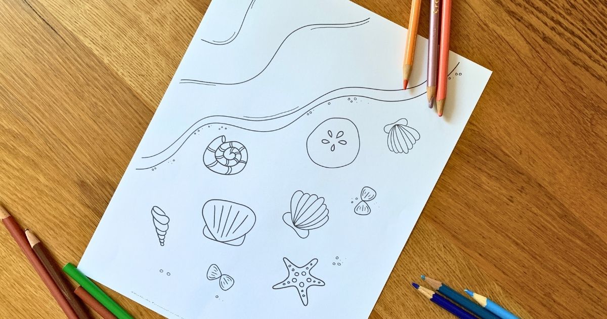 Beach coloring page printable with assorted seashells scattered over sand and waves washing in from a corner.