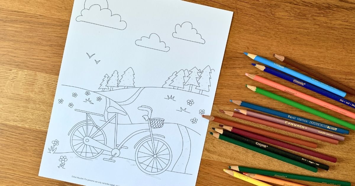 Bicycle coloring page with a cute bike on a trail and flowers, trees, and clouds in the background.