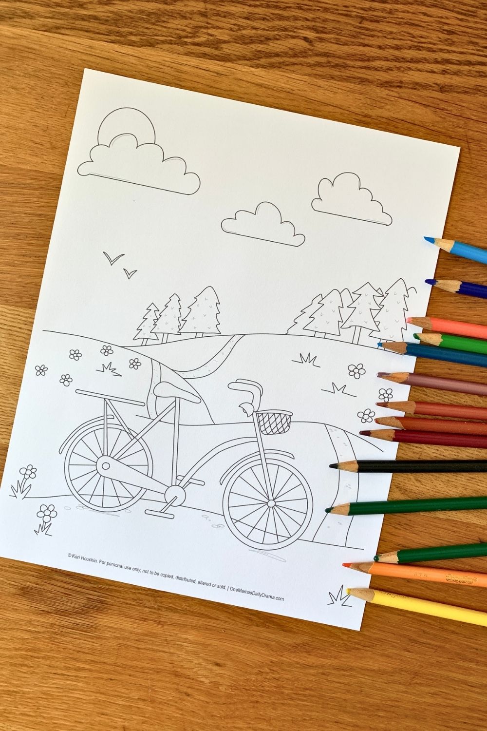 Bicycle coloring page with a cute bike on a trail and flowers, trees, and clouds in the background.