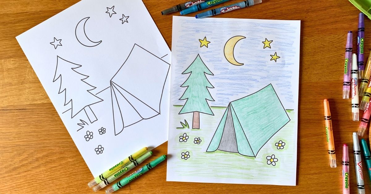 Colored and uncolored printable camping coloring page beside twistable crayons.