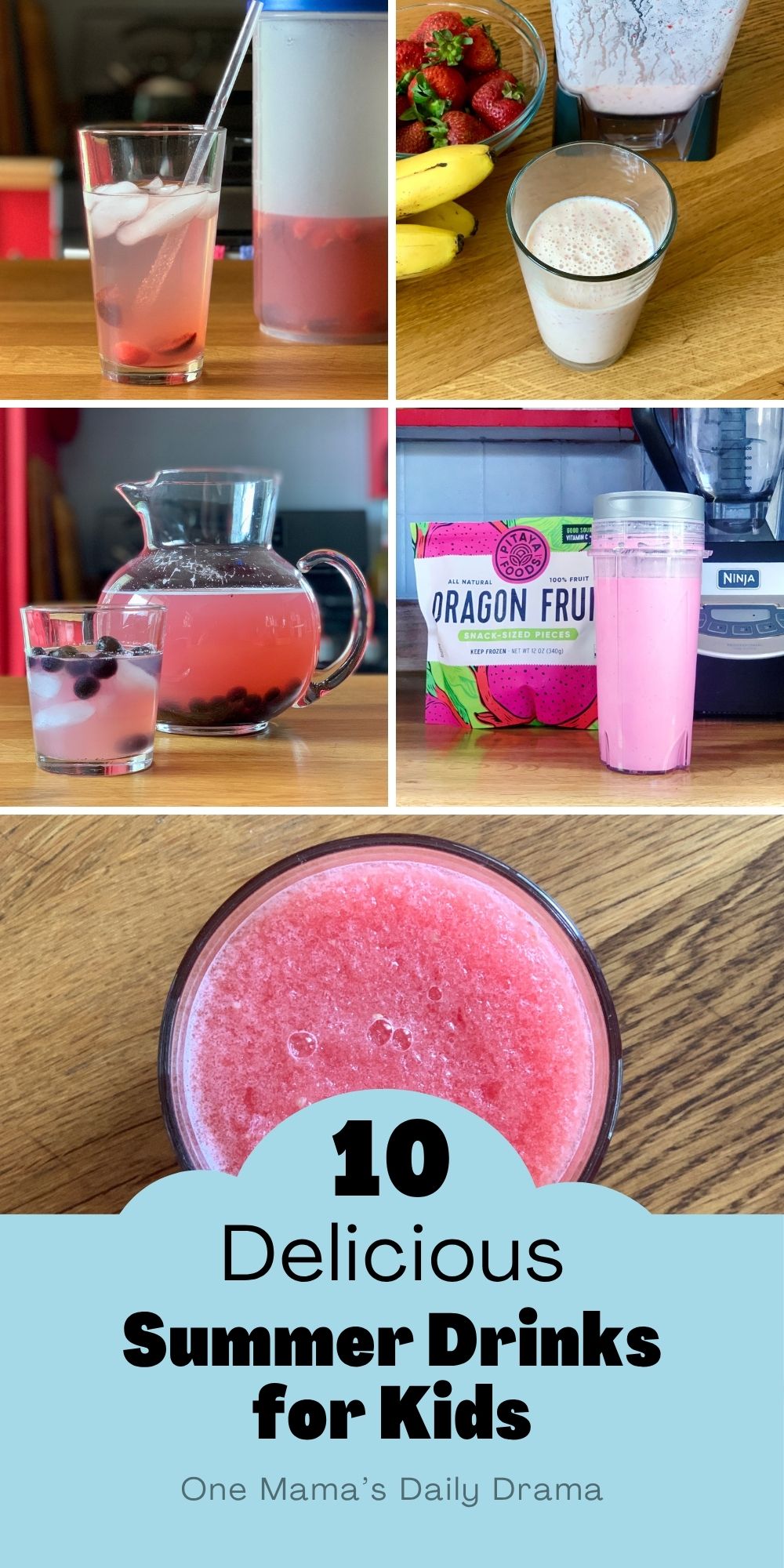Collage of summer drinks for kids including cherry limeade, orange smoothie, blueberry lemonade, dragonfruit smoothie, and watermelon slush.