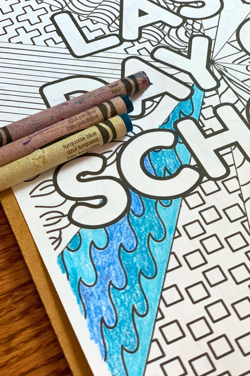 Closeup of blue wave pattern colored in 3 shades of blue crayon.