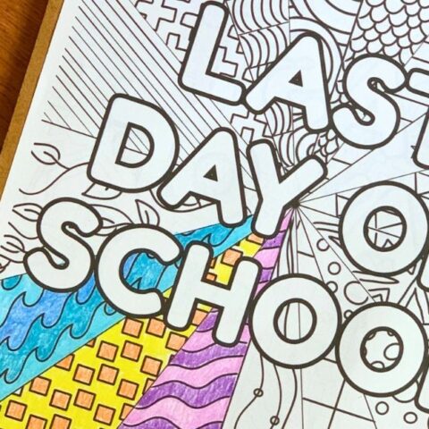 Printable last day of school coloring page with large capital letters and a background divided into sections, each with a different doodle pattern.