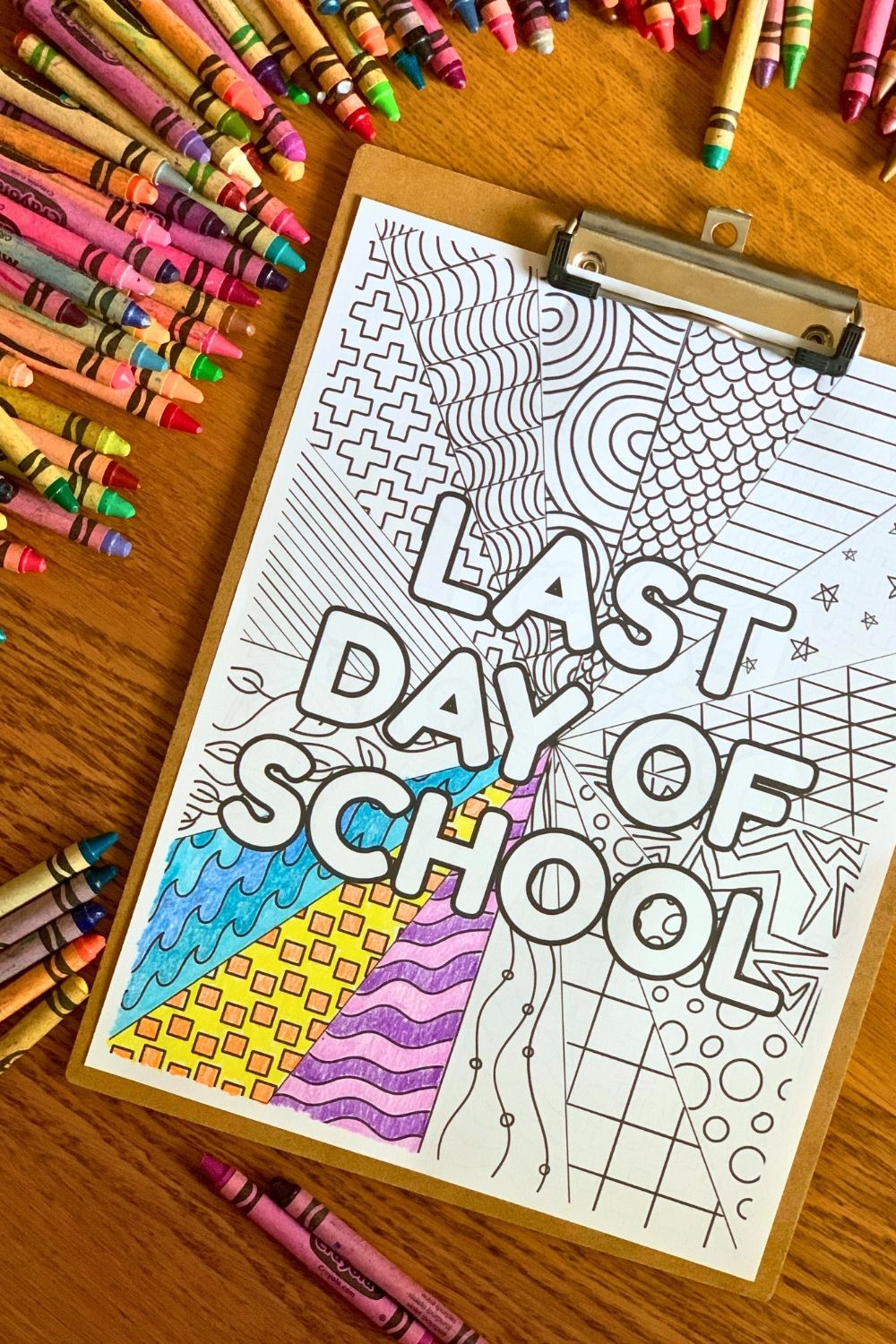 Printable last day of school coloring page with large capital letters and a background divided into sections, each with a different doodle pattern.