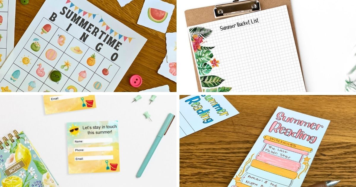 Collage of last day of school printables including summertime bingo, a summer bucket list, contact cards, and a reading bookmark.