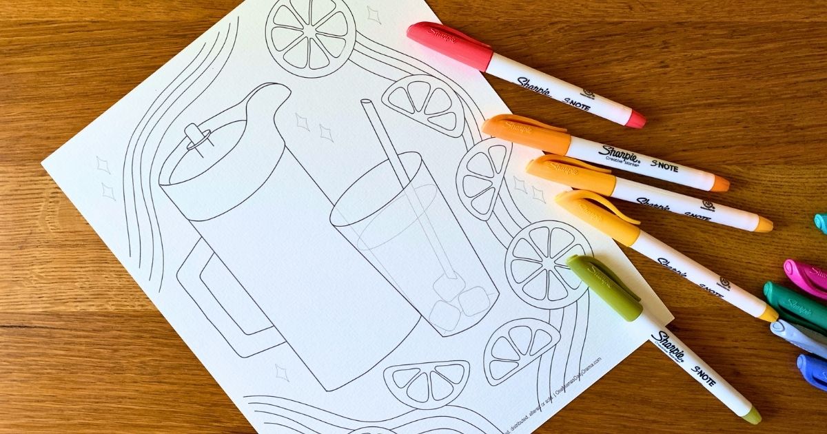 Printable lemonade coloring page with a glass of ice and a straw beside a pitcher, surrounded by sliced lemons and stripes.