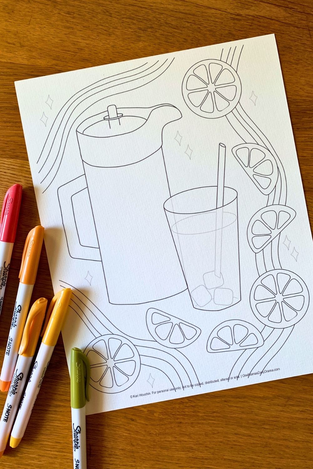 Printable lemonade coloring page with a glass of ice and a straw beside a pitcher, surrounded by sliced lemons and stripes.