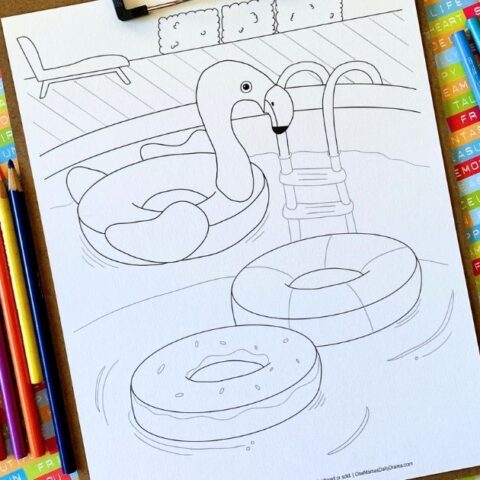 Printable pool float coloring page with donut, striped, and flamingo floats in a pool.