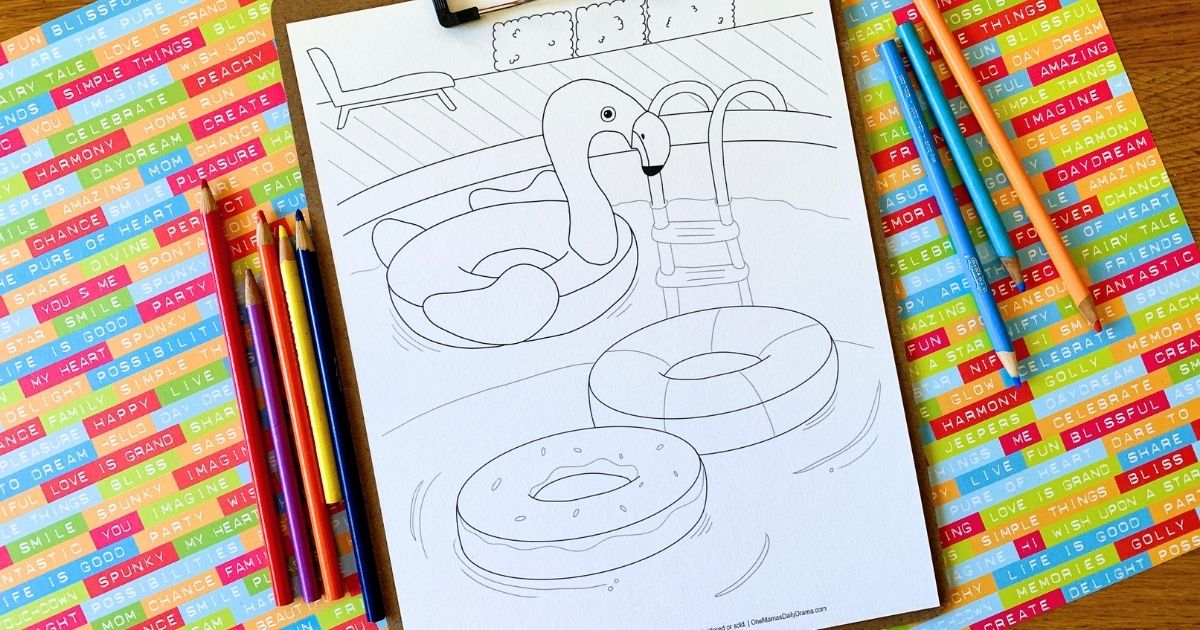 Printable pool float coloring page with donut, striped, and flamingo floats in a pool.