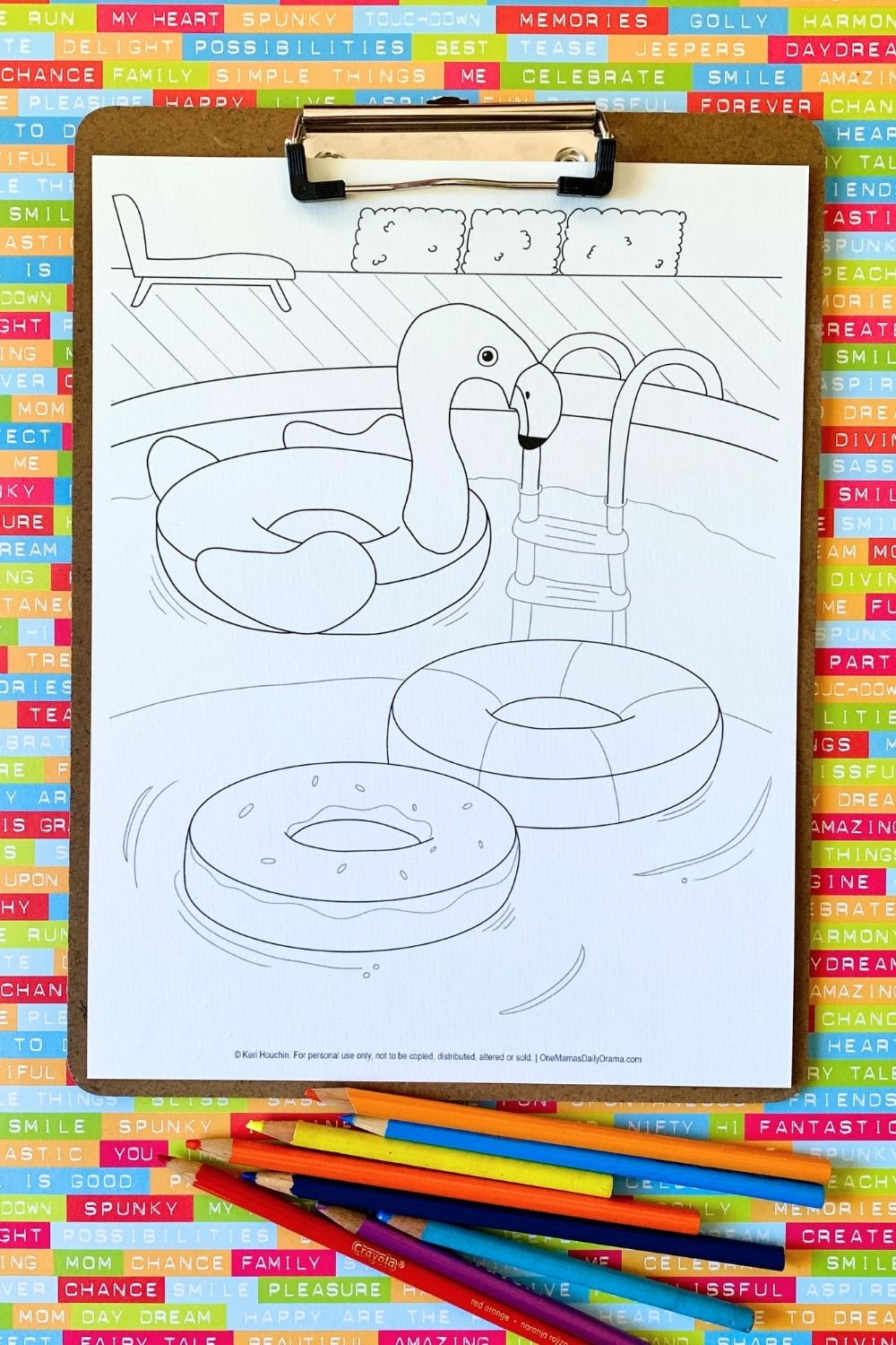 Printable pool float coloring page with donut, striped, and flamingo floats in a pool.