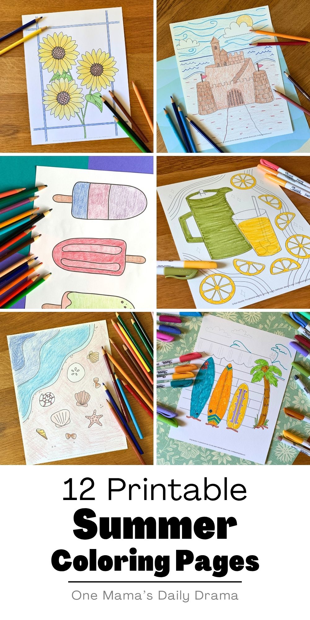 Collage of printable summer coloring pages including sunflowers, a sandcastle, popsicles, lemonade, the beach, and surfboards.