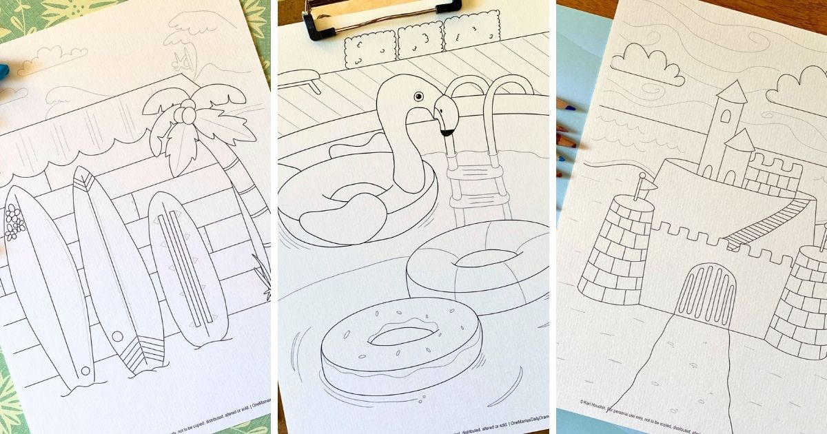 Collage of summer coloring pages including surfboards, pool floats, and a sandcastle.