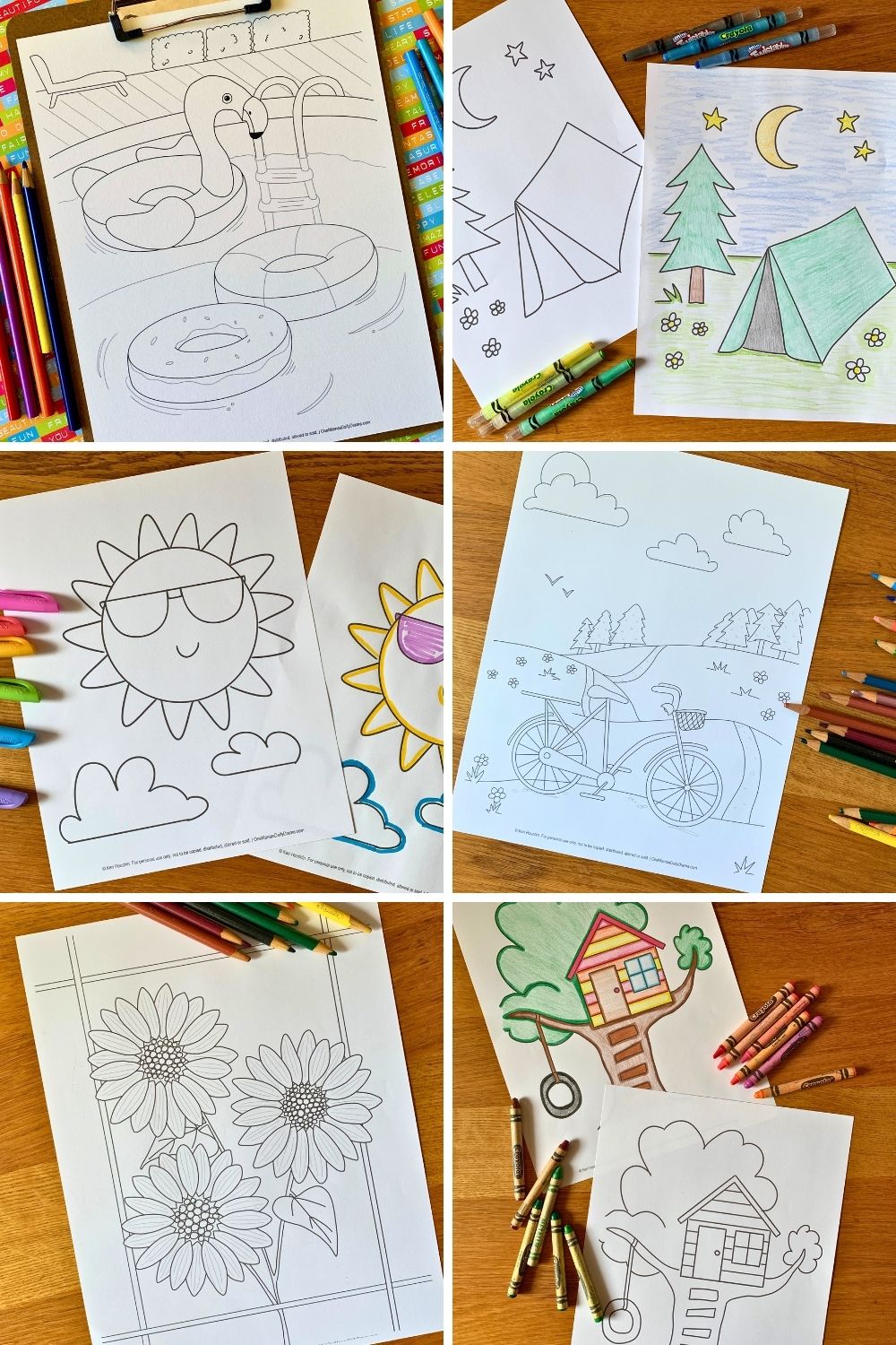 Collage of summer coloring pages including pool floats, camping, the sun, a bicycle, sunflowers, and a treehouse.