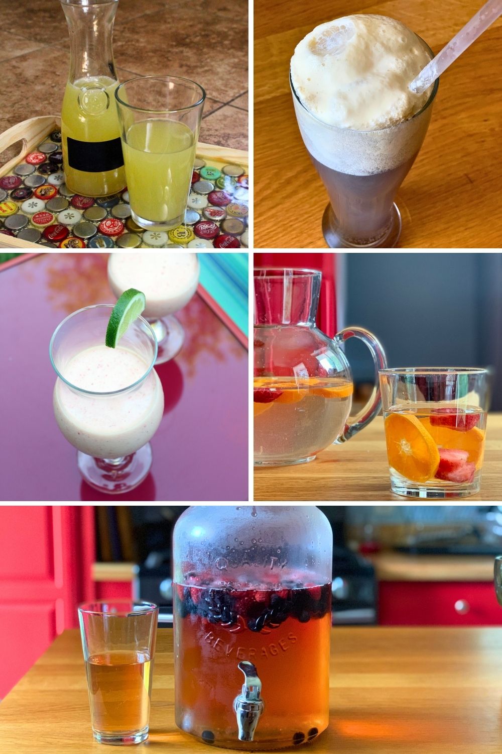 Collage of summer drinks for kids including tranya, ice cream soda, margarita shake, fruit water, and fruit punch.