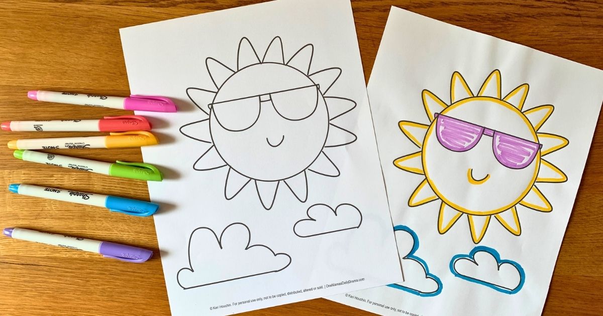 Blank and colored printable sun coloring page beside markers.