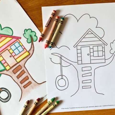 Colored and uncolored printable treehouse coloring pages beside crayons.