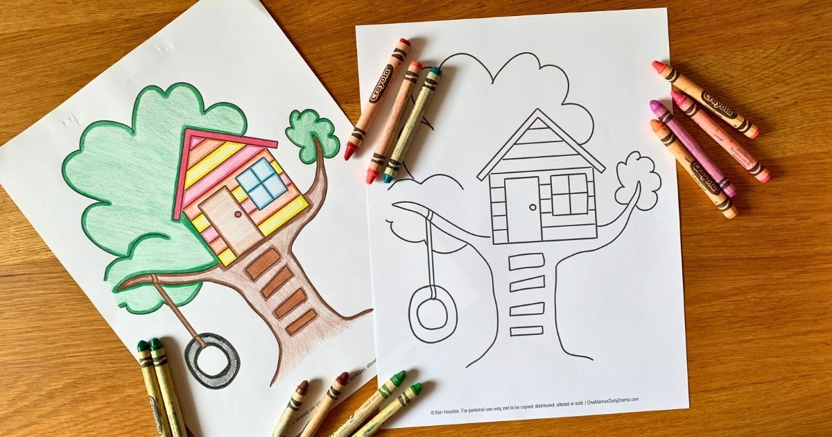Colored and uncolored printable treehouse coloring pages beside crayons.