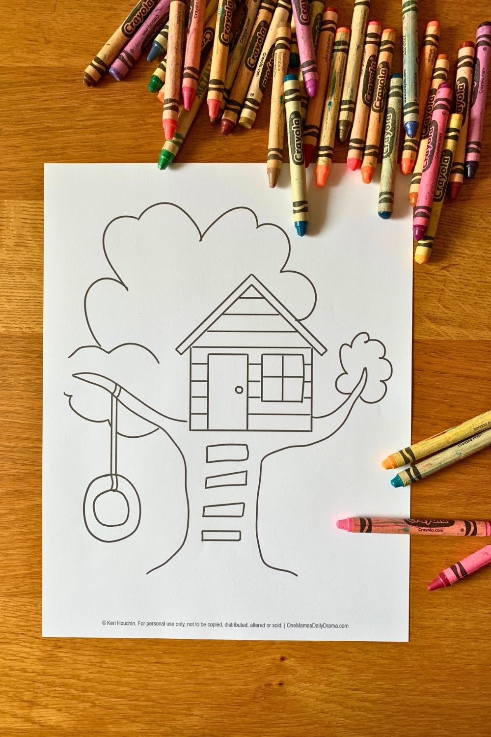 A treehouse coloring page of a house with a door and window on a branch above a ladder and a tire swing hanging at one side.