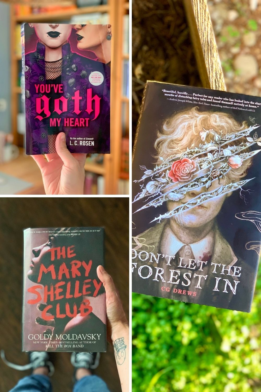 Collage of books including Don't Let the Forest In, The Mary Shelley Club, and You've Goth My Heart.