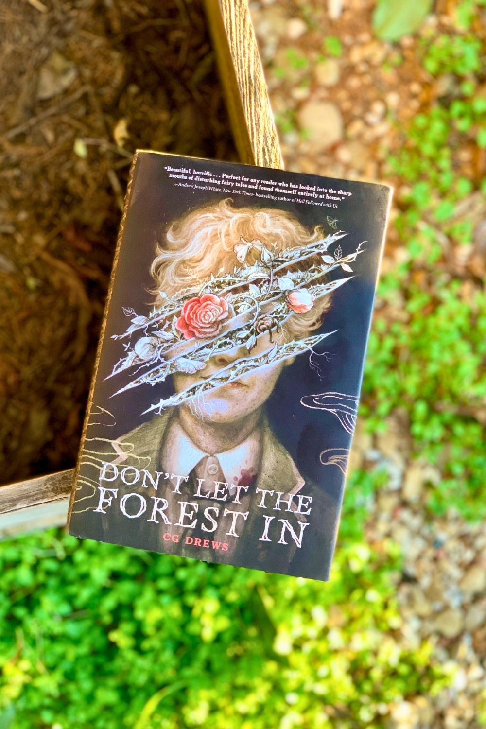 The book Don't Let the Forest In, by CG Drews, sitting on the edge of an overgrown garden bed.