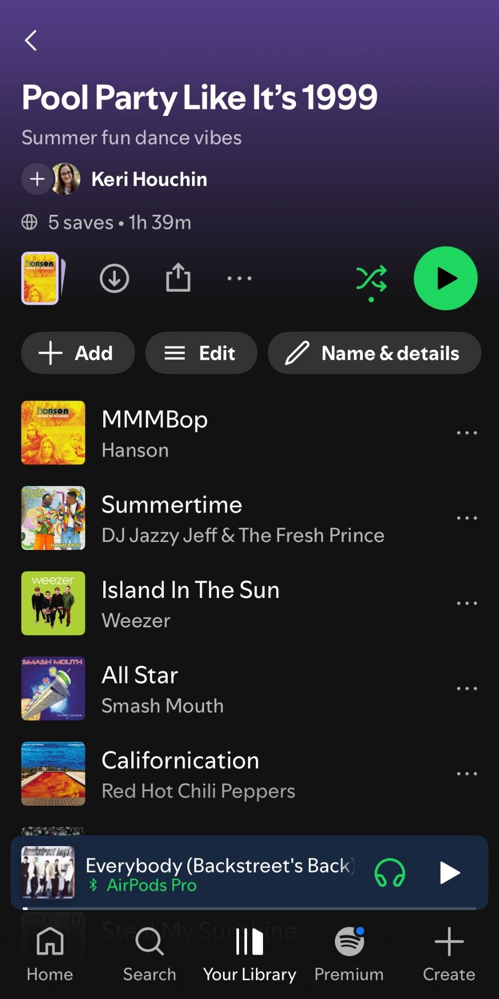 Pool party like it's 1999 playlist on Spotify playing Everybody by Backstreet Boys.