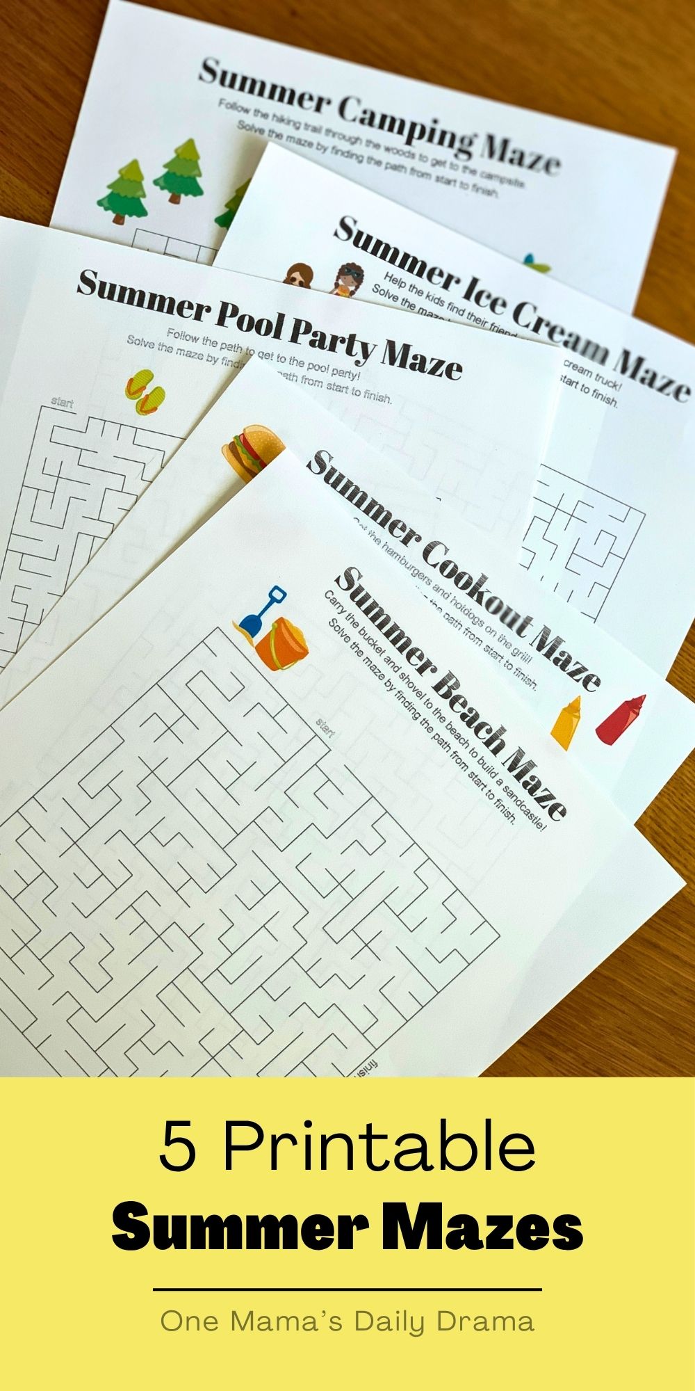 Five summer mazes with clipart for camping, ice cream, a pool party, the beach, and a cookout.