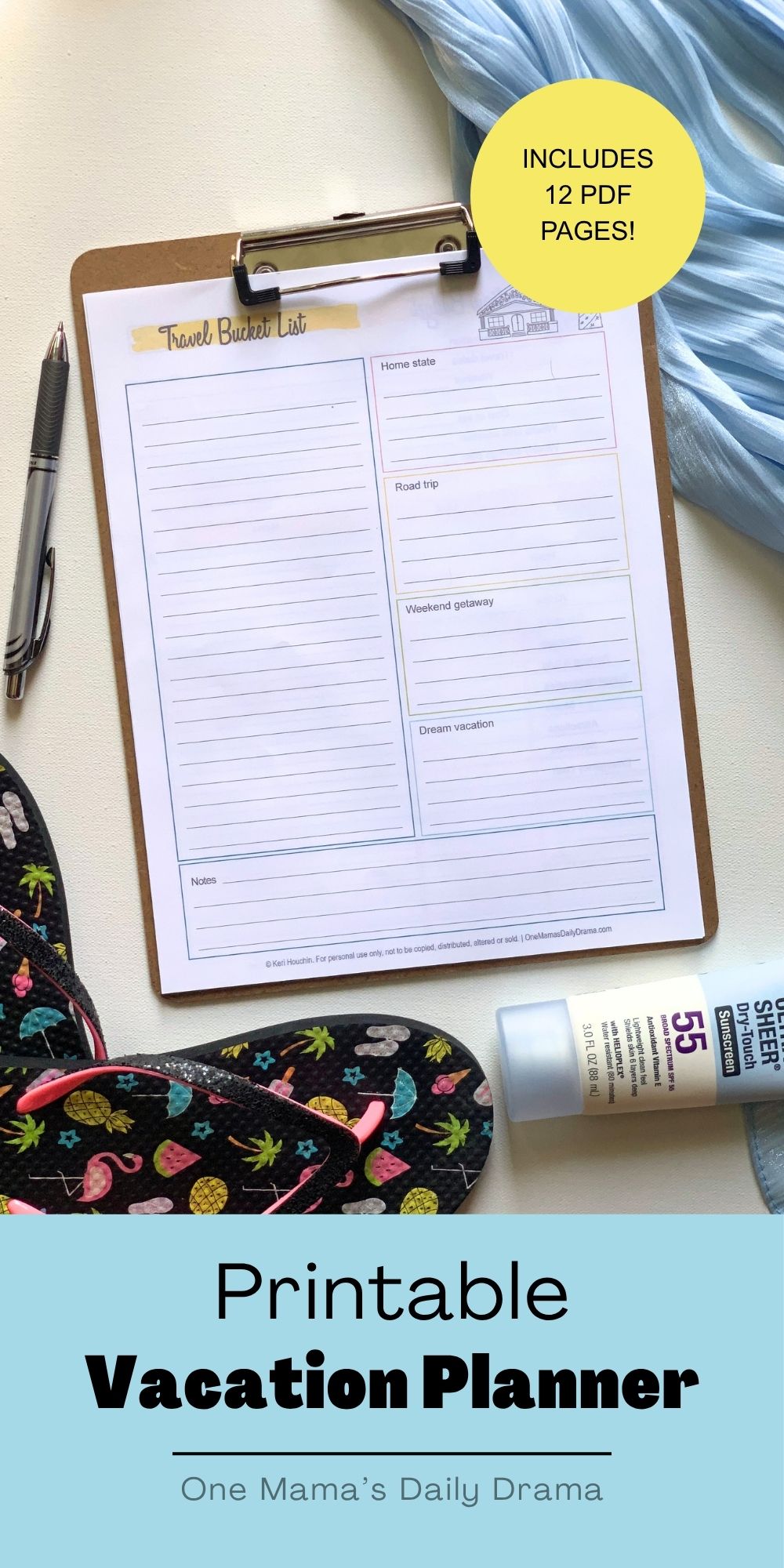 Printable vacation planner pages on a clipboard.