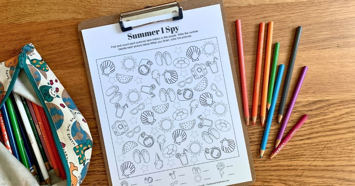Summer I spy printable with icons of 10 objects to count and color.
