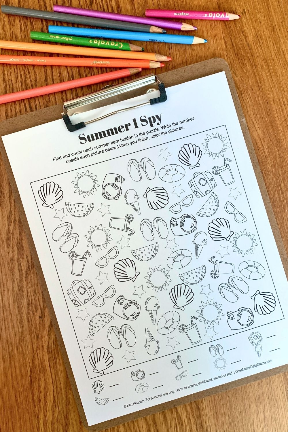 Summer I spy printable with icons of 10 objects to count and color.